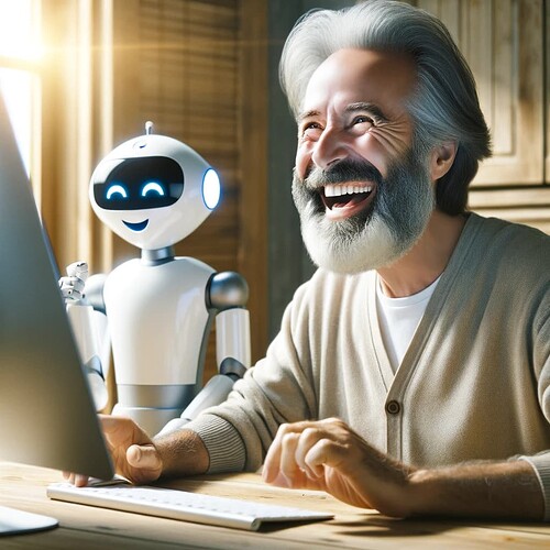 DALL·E 2024-01-17 11.34.16 - A realistic image of a 55-year-old European man with a long beard, expressing joy while working with a chat-bot on his computer. The setting is in a r