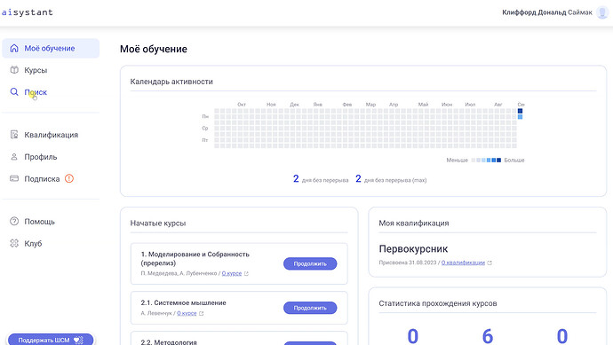 Обзор личного кабинета пользователя Aisystant