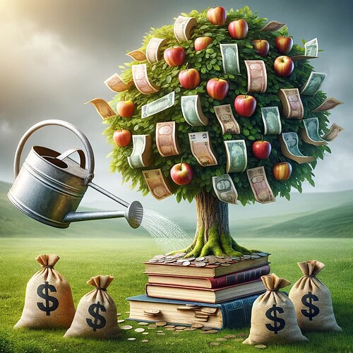 DALL·E 2024-01-11 00.13.13 - A tree with a stack of books in place of its trunk is being watered by a watering can that looks like a clock. Out of the watering can, instead of wat
