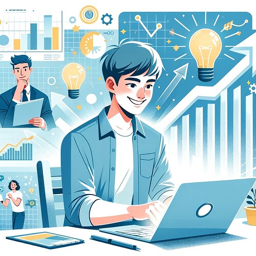 DALL·E 2024-01-14 22.59.55 - Illustration for 'Three Key Ideas for 2024'_ An image showing a young IT engineer working on a laptop with a joyful and focused expression. The engine